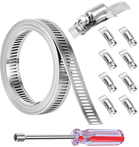 Hose Clamps 10Pcs Jubilee Clips 2.5m/8.2ft Stainless Steel DIY Worm Clamp with 8 Fasteners Fasteners Pipe Clamp Adjustable Hose Clamps with 8MM Socket Screwdriver for Tube, Plumbing and Fuel Line