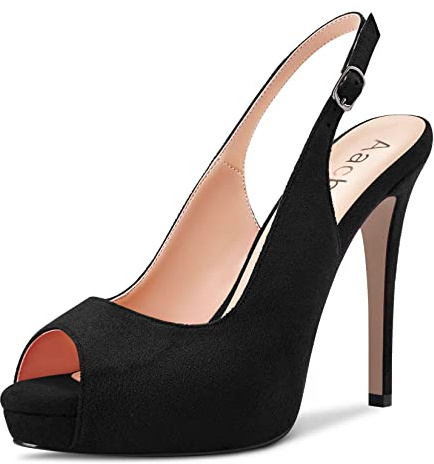 Aachcol Femmes Escarpins Rond Ouvert Bout Slingback Aiguille Haut High Talon Heel Dress Chaussures Sandales Bureau Party Mariage Suède Noir 12 CM 39 EU