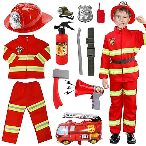 Costume de Pompier pour Enfants, 12pcs de Jeux de Rôle, Jouet 6-8 Ans pour Fêtes Costumées, Éducation Aux Exercices D'incendie, Noël et Jeu à La Maison (130 cm)
