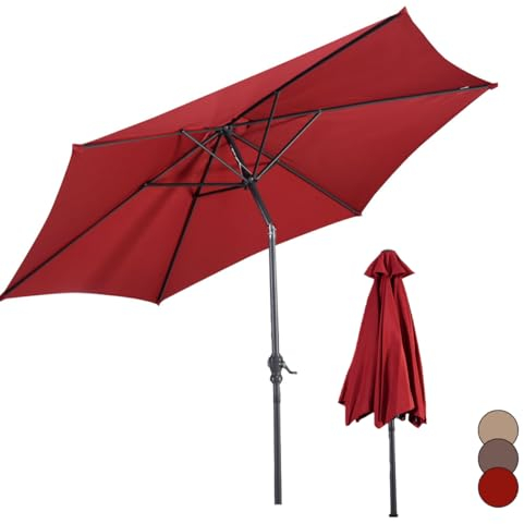 KOMFOTTEU Ombrellone da Giardino Ø270cm, Inclinabile e Portatile, Anti UV e Antivento, 8 Ossa e Manovella, Ombrellone da Balcone, Mercato senza Base (Rosso Vino)