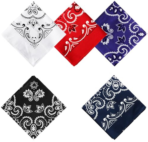 KUWAN Lot de 5 bandanas carrés 100% coton, 70 x 70 cm, pour homme et femme, multicolore, Taille unique