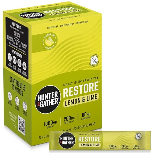 Hunter & Gather Restore Electrolytes Lot de 30 sachets de poudre I Citron et citron vert | Sans sucre I Hydration 100 % naturelle I Rapport minéral optimal I avec sel rose de l'Himalaya I Céto I