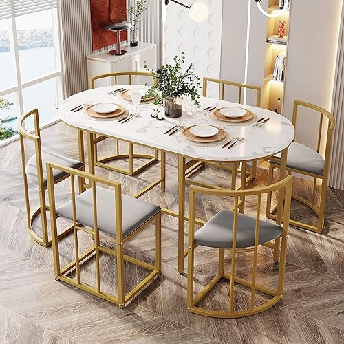 Modernt set med 6 matbord: elegant vitt MDF-bord, grå sammetsdynstolar, gyllene metallram – lyxig design för snygg matsal, vardagsrum, kök
