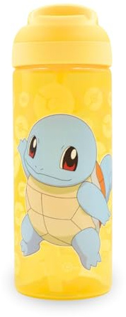HOX Pokemon Squirtle Wiederverwendbare BPA-freie Kinder-Wasserflasche mit integrierter Trageschlaufe, aufklappbarem Ausguss und abnehmbarem Strohhalm, 600 ml