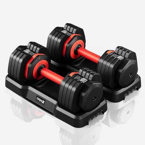 Dripex Juego de Mancuernas Ajustables 5 en 1, 11 kg/24,5 kg Pesas y Mancuernas Ajuste Rápido, Ahorran Espacio con Base para Entrenamiento en Casa y Gimnasio (2 x 24,5 Kg - Rojo)