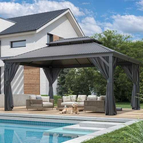 Devoko Gazebo 3,65 x 4,85 m, impermeabile, stabile, resistente all'inverno, tetto rigido, con doppio tetto, gazebo da giardino con tende e zanzariere, gazebo per cortili, giardini e prati