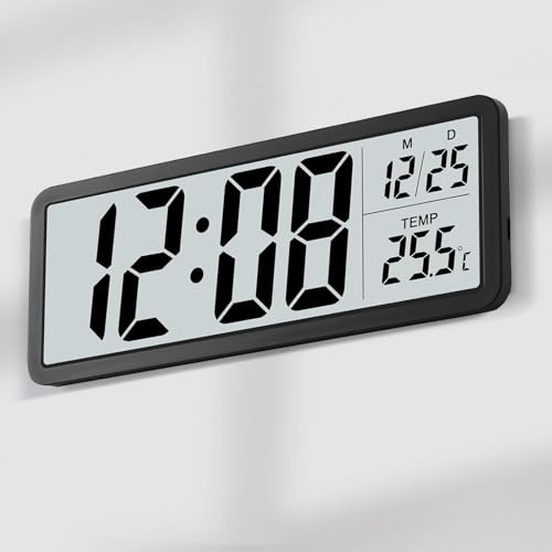 Digitale Wanduhr Batteriebetrieben, Funkuhr Digital, Led Digitaluhr, Digital Wall Clock mit Temperaturanzeige, Kalenderanzeige, Tischuhr Lautlos für Wohnzimmer, Schlafzimmer, Büro, Schule( Schwarz)