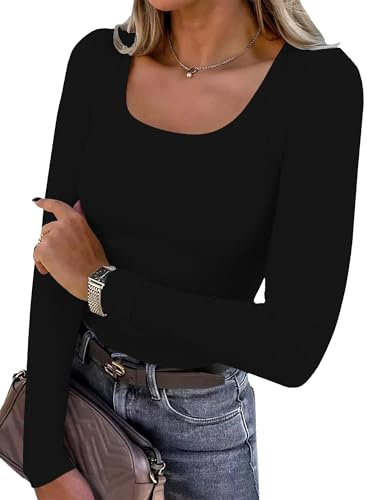 DUOEASE Tee Shirt Manche Longue Femme Elegant Basiques Col en U Haut Femme Slim Fit Decontracte Cotele T Shirt