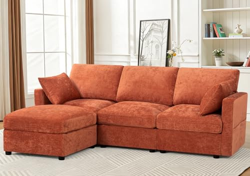 ACMEASE 84” Chenille 3 Seater Sofa W/Movable Ottoman, Modern Fabric L-Shaped Couch w/Soft Backrests, Upholstered Sectional Sofa w/Arm Pillows for Living Room, Office, Orange