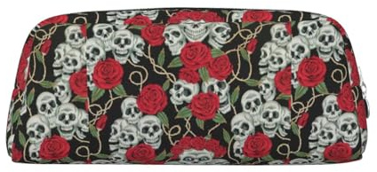 YBGHDAA Skull and Red Rose Printing School Leather Pencil for Boys Girls Senior Leather Cosmetic Case Makeup Bag with Zipper