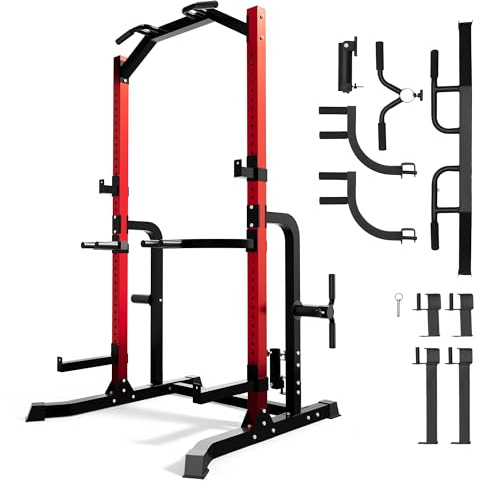 Outdoor Basic Power Cage Squat Rack with Pull-Up Bar & Dip Station, Multi-Functional Home Gym Power Rack Includes J-Hooks, Weight Plate Storage, Barbell Storage, for Weightlifting & Strength Training