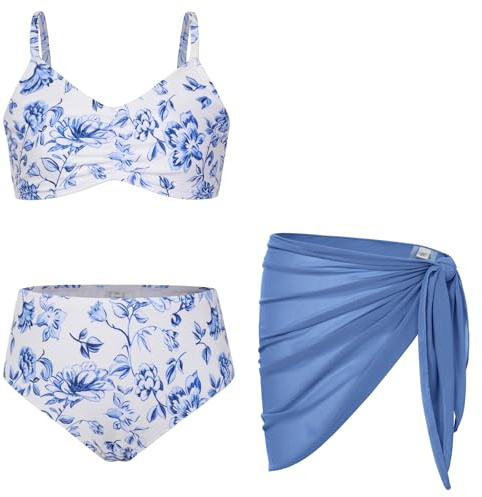 Grace Karin baddräkt för flickor, 3-delat set med bikinitopp, badbyxor och sarong, för simning och vattensporter