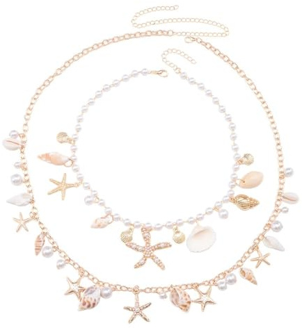 QKEPCY Collana Donna e Belly Chain Set Bohemien Conchiglia Stella Marina Perle Collane Per la Spiaggia Estiva