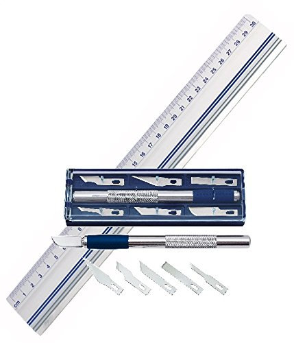 Wedo Schneidelineal aus Aluminium, mit Stahlkante und rutschsicherer Gummieinlage im Set mit Universalmesser aus Metall, mit 6 verschiedenen Klingen (30cm, Schneidelineal | mit Cutter)