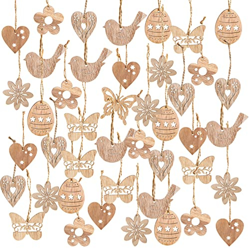 Logbuch-Verlag Deko Set: 54 Osteranhänger aus Holz, Osterschmuck für Osterstrauch, Natürliche Osterdeko zum Aufhängen, Naturfarbene Anhänger für Ostern, Perfekt zum Basteln & Verschenken, 6 cm