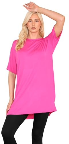 janisramone® Womens Short Sleeve Tunic T Shirts, Round Neck Oversized T Shirts for Women UK, Soft Comfortable Pj Dress, Perfect Summer Longline Ladies Tops Cerise