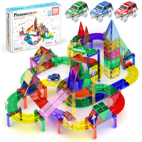 PicassoTiles 128pcs Magnetic Race Car Track Building Block Educational Toy Set Tiles Magnet Playset 3 LED Car STEM Learning Construction Kit Fine Motor Skill Training Brain Development for Kids Age3+
