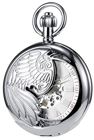 TREEWETO Reloj de Bolsillo Antiguo para Hombre con Cadena, Diseño Retro de Águila y Esqueleto, Mecánico, Cuerda Manual, Números Romanos, Color Plateado