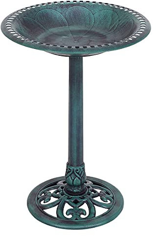 DREAMADE Bain d’Oiseaux Sauvages sur Pied, Etanche Résistant aux Imtempéries, Jardin/Cour Extérieur, Décoratif avec Aspect Métal, Bronze (Vert cuivré)