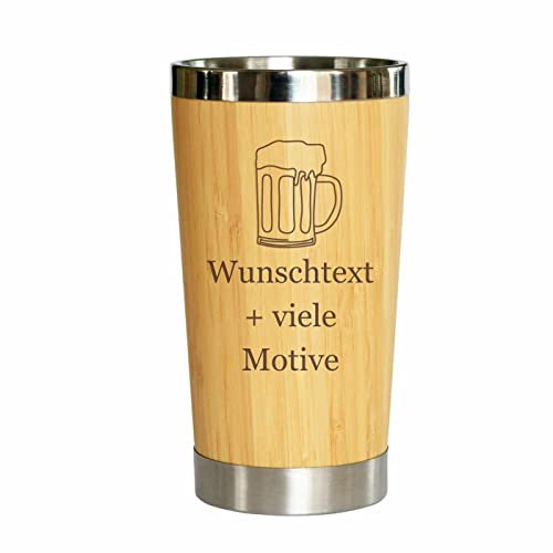 Bierbecher mit individuelle Gravur - Name + Motiv, Trinkbecher in Holz Optik 0,4 L, Bambusbecher für Bier, Mehrwegtrinkbecher, Alternative zum Bierglas und Bierkrug