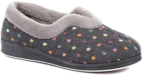 Pavers Ladies Wide Fit Polka Dot Slippers in Dark Grey with Memory Foam and Anti-Odour Treatment Women Fluffy Inner Lining Shoes - Size UK 7/EU 40