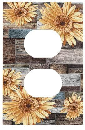 Tapas de enchufe dúplex de flores de margaritas, placa de pared floral de madera rústica, receptáculo eléctrico decorativo para baño, casa de campo y decoración del hogar