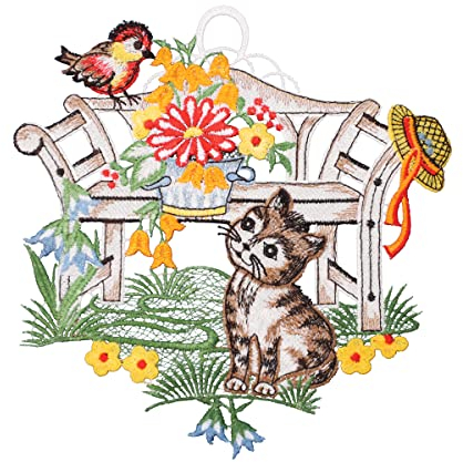 PGV Fensterbild Gartenbank farbig 22 x 22 cm aus Plauener Spitze Fensterdeko Fensterschmuck Bilder Handarbeit Deko Fenster