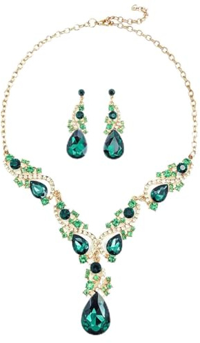 KONFEN Conjunto de Joyas de Boda, Juegos de Joyas Mujer, Strass Conjunto Pendientes y Collar Mujer, Novia Set joyeria Colgante Regalo para Boda Novia Mujeres y Niñas (Verde)