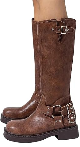 ORANDESIGNE Bottes de Motardes en Cuir PU pour Femme Bottes Mi-Mollets à Talons Blocs Bottes de Cow-Boy Rétro Bottes Motardes à Boucle de Ceinture Mode Bottes de Chevalier D Marron 40 EU