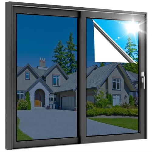 rabbitgoo Heat Reflective Window Film Privacy, Blue Silver, 60x200cm | One Way Mirror Tint Sticker Sun Blocker, UV Glass Sticker Mirror Heat Reflector Thermal Solar Vinyl Blue Silve
