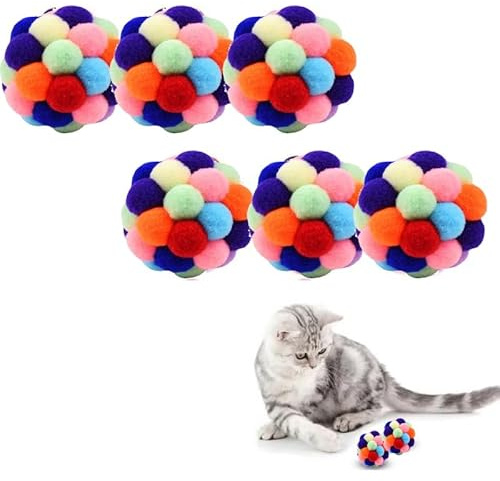 Taicols 6 Pièces Colorés Balle Rebondissante en Peluche Arc-en-Ciel, Jouets Interactifs pour Chats Intérieurs avec Boule Douce à Mâcher