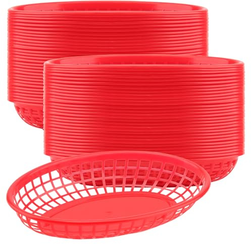 KEILEOHO 60 stycken plastkorg för snabbmat, slitstark plastkorg 23 x 14 x 4 cm, brödkorg, hamburgare, chips, snacks, picknick (röd)