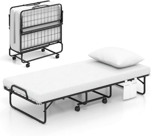 Giantex Folding Bed with Mattress and Top Pillow, Cot Portable Guest Bed w/Metal Frame, Storage Pocket & Cover, Space-Saving Rollaway Bed with Memory Foam Mattress for Adults, 75 x 31