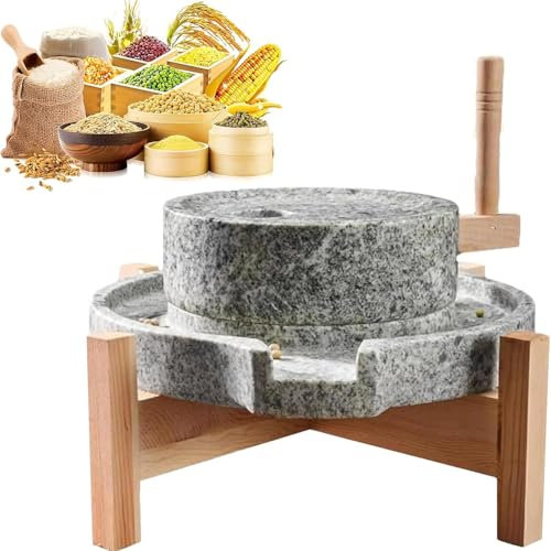 DPLWJPP Macinacereali Manuale, Macinino per Cereali Secco/Umido con Telaio in Legno, Farina di Grano Macinata a Pietra Naturale, Orzo, Sesamo, Fagioli