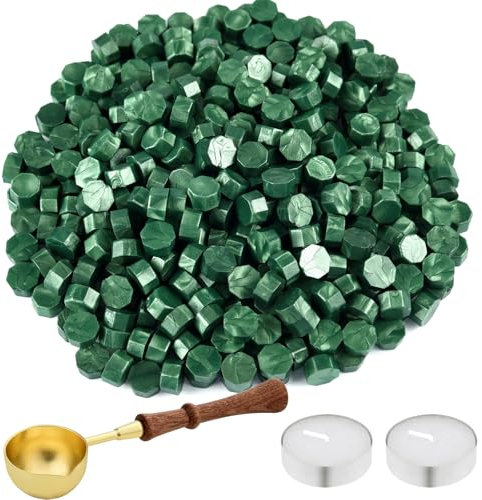 NEBURORA 200 Stück Siegelwachs perlen, Siegelwachs Grün mit Wachslöffel und 2 Teelichtern, achteckiges Wachssiegel-Set für Stempel,Einladungskarten, Umschläge,Weinpakete,Geschenkverpackungen