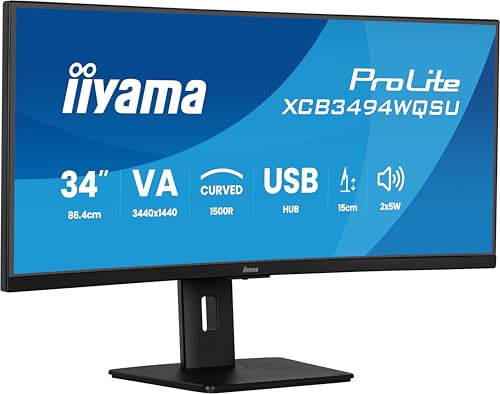iiyama Monitor curvo da 34 con un schermo ultra-wide e un supporto regolabile in altezza di 150 mm
