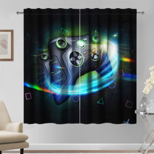 Kzzfqxb 107x215cm Gamepad Vorhänge 2 Paneele, Schwarzes E-Sports Spiel Regler in Leuchtende Kreise, Dunkle Farbe Dekoration für Kinder Jungen Teenager Schlafzimmer Wohnzimmer