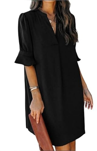 Sukiglam Robe ete Femme Décontractée Manches Courte Col V Midi Robes Chic et Elegant Lâche Robe de Cocktail Légère Longueur Genou Robes Chemise