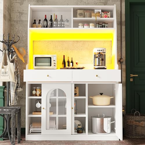 Ligterra Armadio da cucina, armadio alto, vetrina, credenza con ripiani regolabili, armadio da sala da pranzo con 2 cassetti, credenza con illuminazione LED, colori di luce variabili, bianco