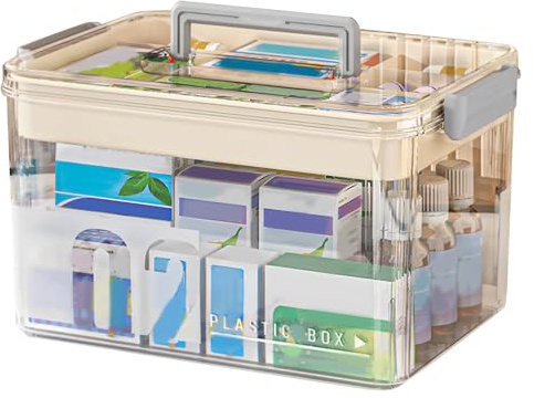 MENIBBLER Medicine Storage Box Organiser Plastic First Aid Organizer with Handle Double Layers Multi Grid Medicine Organizer Box with Lid and Removable Tray for Home Office School 29 x 21 x 17 cm