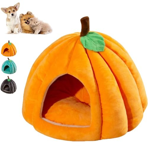 Cama de calabaza para gatos, bonita cueva de gato con forma de calabaza, nido de calabaza de felpa semicerrado 3D con cojín extraíble, acogedor escondite interior para gatos y perros pequeños (naranja