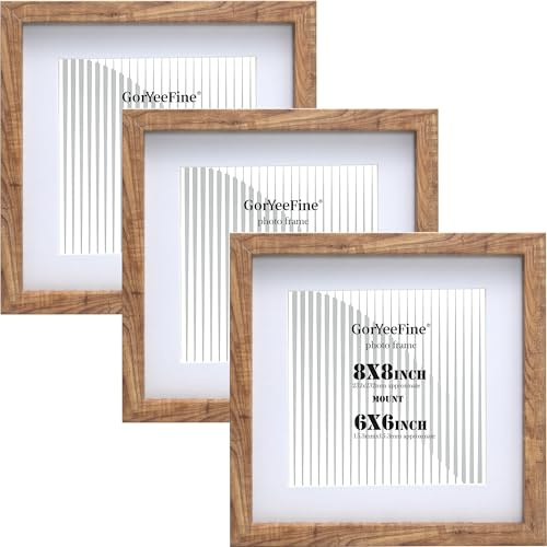 8x8'' Square Wood Photo Frame Set of 3 with Acrylic Glass Front,Walnut Effect wood Picture Frames with Acid Free 6x6'' Mount, for Wall Mount &Tabletop Display,Ideal for Home Gallery Decor & Gifts