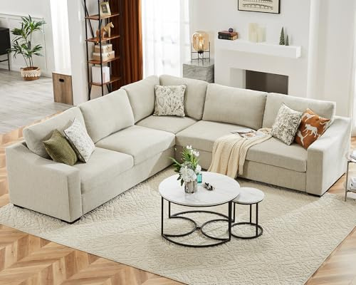 ABCASA 112 V-Shaped Modular Sectional Sofa Couch with Chaise Corner Sofa for Living Room, 7-Seater Modular Deep Seat Couch, Reversible Corner Upholstered Soft Linen Couches, Oatmeal