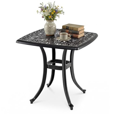 GOPLUS Mesa Auxiliar de Exterior de Aluminio Fundido con Patrón Floral | Mesa Bistró Cuadrada con Agujero para Sombrilla, Mesa Pequeña de Café para Todo Tipo de Clima Jardín Patio Porche Balcón