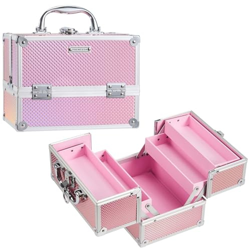 FRENESSA Makeup Train Case 8.85 Inch Portable Makeup Case Organizer Cosmetic Box Make Up Box Makeup Organizer Cosmetic Storage Cases with Locking Nail Kit Organizer Small Travel Case Mermaid Pink