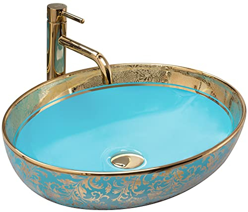 Rea Waschbecken Waschtisch Aufsatzwaschbecken Keramik Handwaschbecken Aufsatz Waschschale Gold Blau Rund 40x52