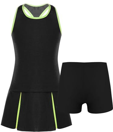 inhzoy Kinder Mädchen Tennis Hockey Golf Kleid Ärmellos Und Shorts Set Sport Radfahren Laufen Outfit Fitnessanzug Atmungsaktiv Schwarz F 122-128/7-8 Jahre