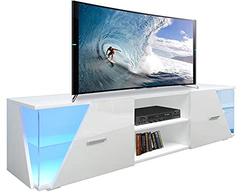 Dripex TV Lowboard Schrank Vitrine mit LED Beleuchtung Fernsehtisch TV Weiß Hochglanz (150x37x35)