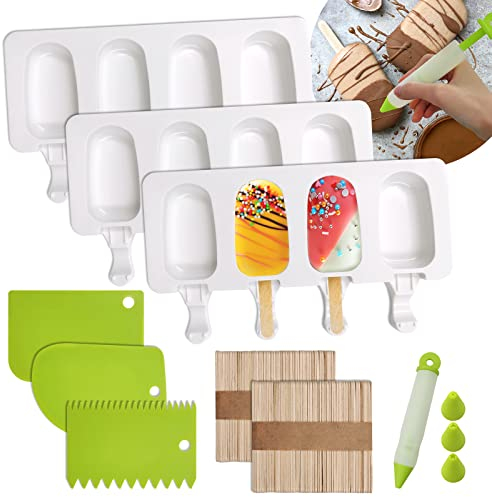 SNAILGARDEN Eisformen eis am stiel, 3 Stück 4 Zellen Eisformen Silikon, mit 100 Eisstiele Holz+1 Kuchen Dekorationsstift+ 3 Stücke Teigschaber Set für kinder DIY Popsicles,Desserts,Pralinen