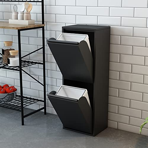 [en.casa] Mülltrennsystem Sollentuna Mülleimer 2 Fächer Küche 2 x 14 L Abfalleimer Müllschrank schmal 93 x 33 x 25 cm Metall Schwarz